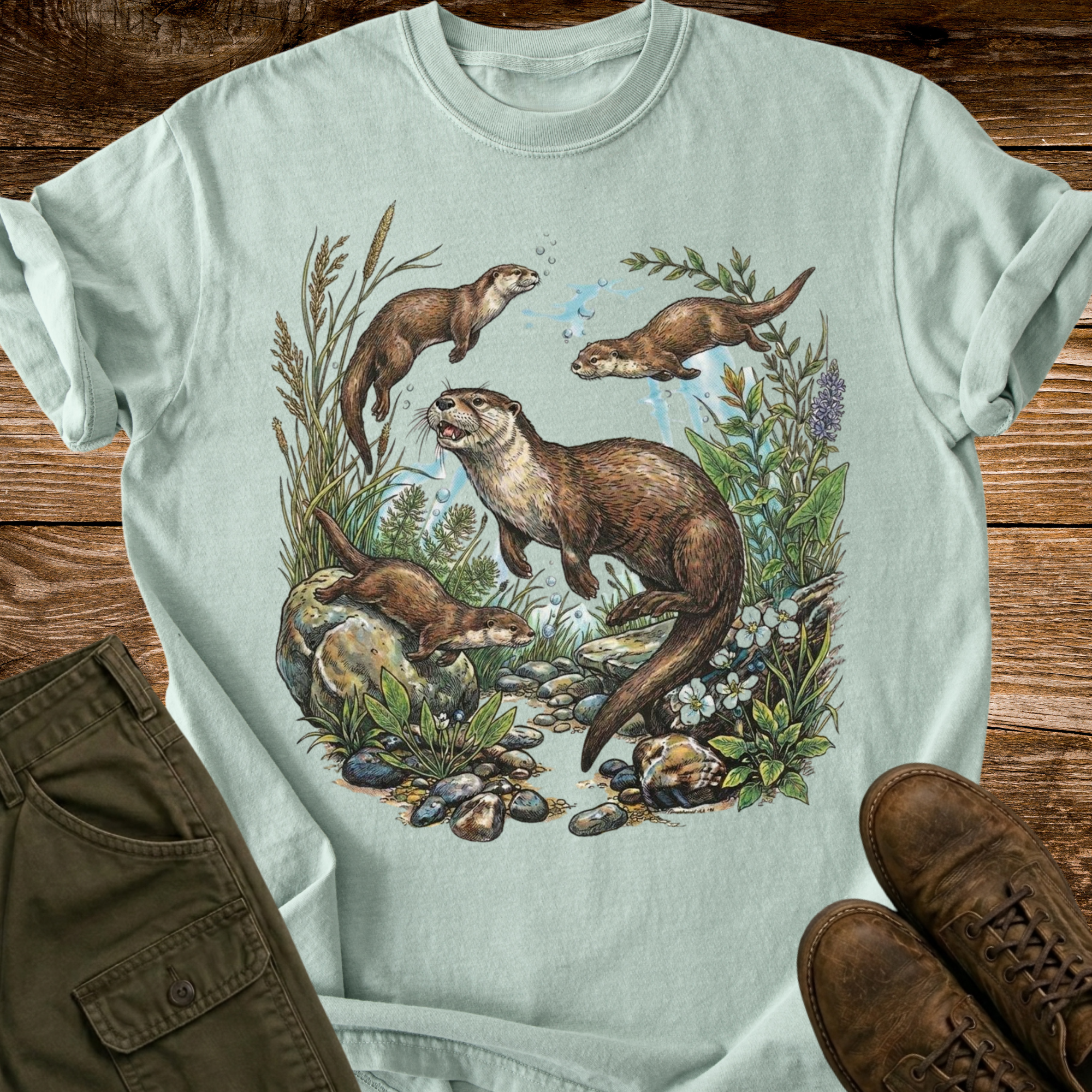 Swimming Otters Distressed T-shirt