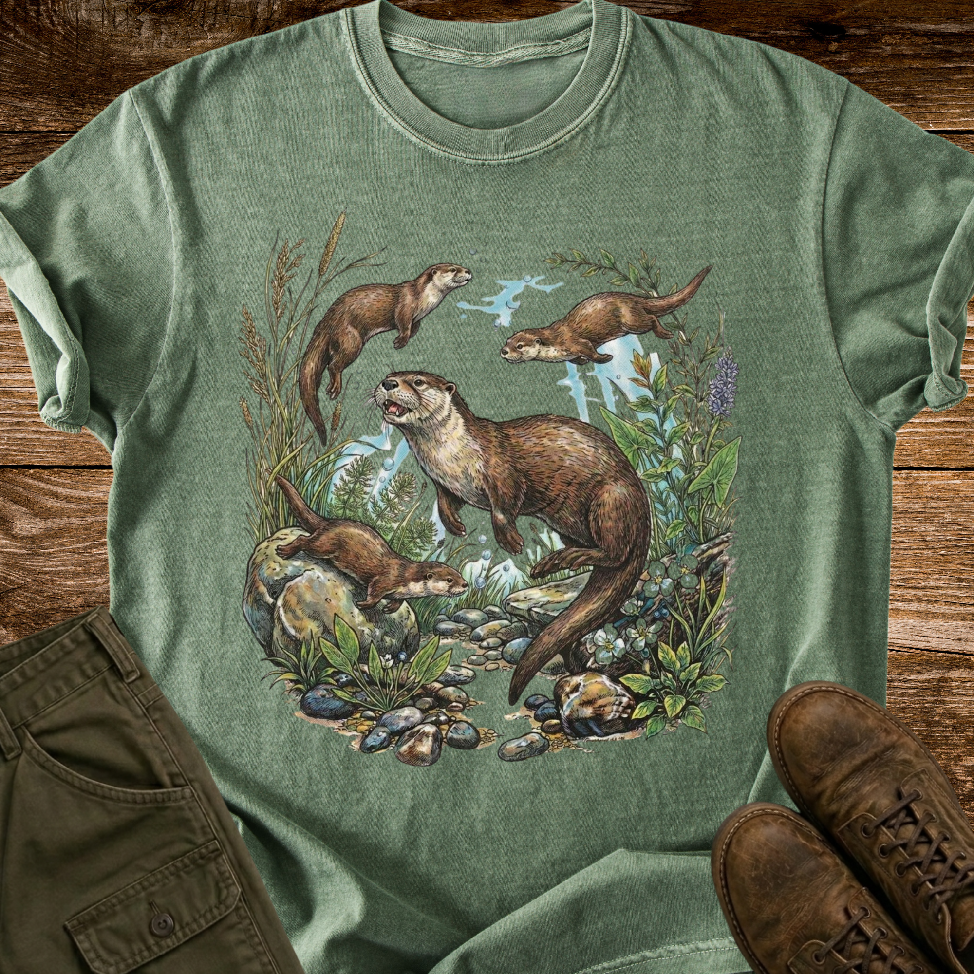 Swimming Otters Distressed T-shirt